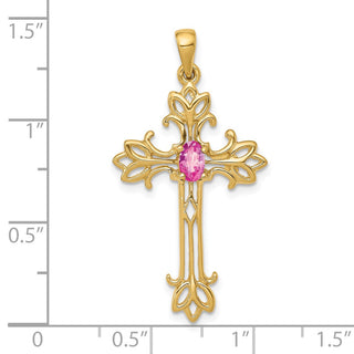 14k Yellow Gold 5x3mm Oval Pink Sapphire cross pendant
