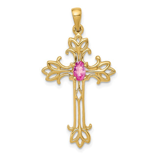 14k Yellow Gold 5x3mm Oval Pink Sapphire cross pendant