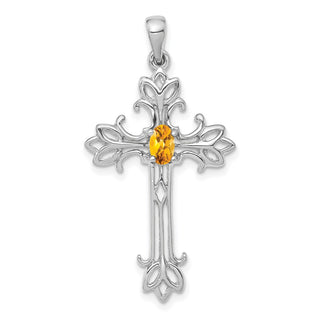 14k White Gold 5x3mm Oval Citrine cross pendant