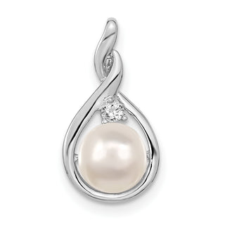 14k White Gold 7mm White Round Freshwater Cultured Pearl & AA Diamond Pendant