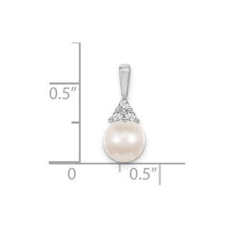 14k White Gold 7mm White Round Freshwater Cultured Pearl AA Diamond Pendant 248W