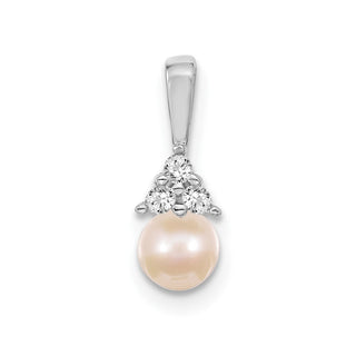 14k White Gold 7mm White Round Freshwater Cultured Pearl AA Diamond Pendant 248W