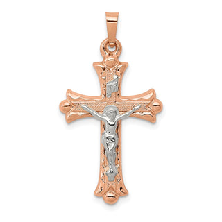 14k White and Rose Gold Hollow Fleur De Lis Crucifix Pendant