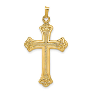 14k Yellow Gold Textured and Polished Fleur De Lis Cross Pendant XR1449