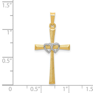 14k Yellow & White Gold Textured Latin Cross Interlocking Hearts Pendant XR1455