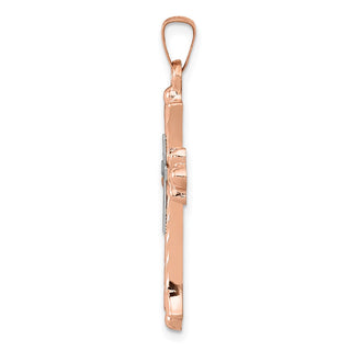 14k White and Rose Gold Textured, Brushed and Polished Budded Cross Pendant