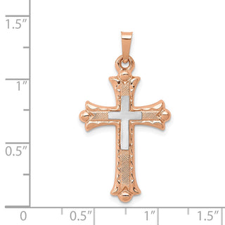 14k White and Rose Gold Textured, Brushed and Polished Budded Cross Pendant