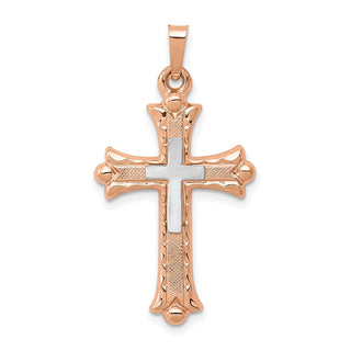 14k White and Rose Gold Textured, Brushed and Polished Budded Cross Pendant