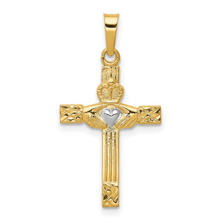 14k Yellow Gold and Rhodium Polished Claddagh Cross Pendant