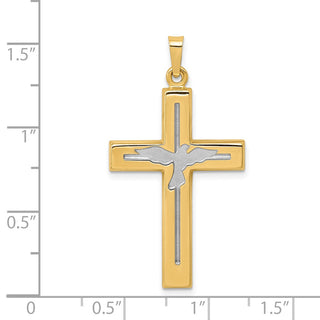 14k Yellow Gold and Rhodium Polished and Satin Cross with Dove Pendant