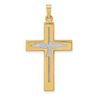 14k Yellow Gold and Rhodium Polished and Satin Cross with Dove Pendant