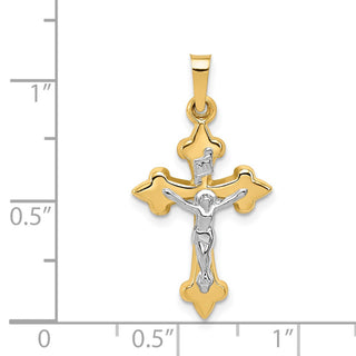 14k Yellow and White Gold Polished Fleur De Lis Inri Crucifix Pendant