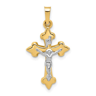 14k Yellow and White Gold Polished Fleur De Lis Inri Crucifix Pendant