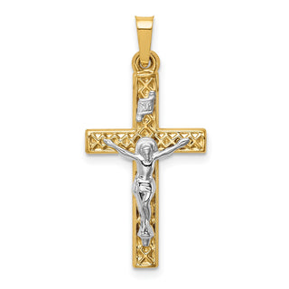 14k Yellow and White Gold Polished Lattice Textured Inri Crucifix Pendant