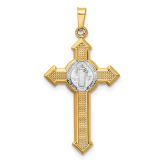 14k Gold with Rhodium-Plating Polished St. Benedict Medal INRI Crucifix Pendant