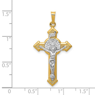 14k Gold with Rhodium-Plating Polished St. Benedict Medal INRI Crucifix Pendant
