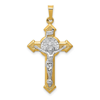 14k Gold with Rhodium-Plating Polished St. Benedict Medal INRI Crucifix Pendant