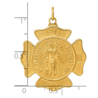 14K Yellow Gold Solid Polished/Satin Large St. Florian Fire Dept. Badge Medal Pendant