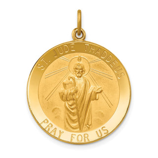 14k Yellow Gold Solid Large Round St. Jude Thaddeus Medal Pendant - 31.5 x 24.25mm, Polished, Satin & Engravable