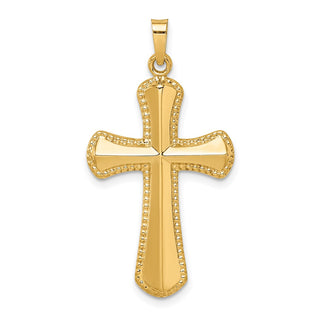14K Yellow Gold Hollow Polished Beaded Edge Cross Pendant