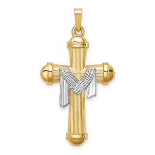 14k Two-tone Gold Hollow Polished Draped Cross Pendant