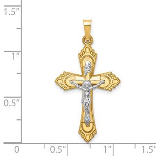 14k Two-tone Gold Hollow Polished Fleur de Lis Crucifix Pendant