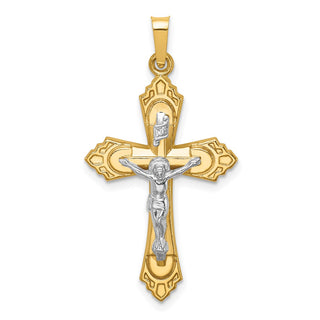 14k Two-tone Gold Hollow Polished Fleur de Lis Crucifix Pendant