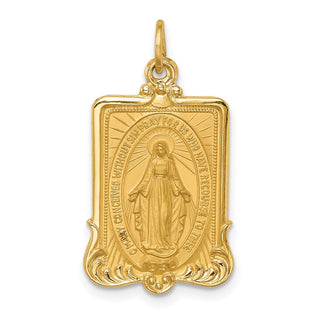 14k Yellow Gold Solid Large Rectangle Framed Miraculous Medal Pendant - 26.15 x 14.5mm, Polished, Satin & Brushed
