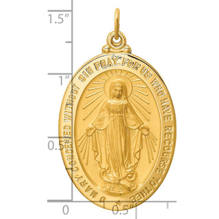 14k Yellow Gold Solid Large Oval Miraculous Medal Pendant - 41 x 24mm, Polished & Satin