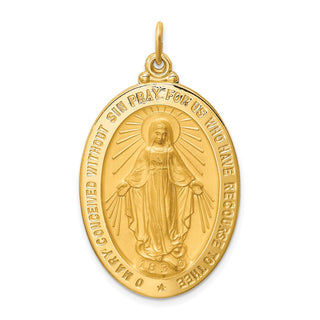 14k Yellow Gold Solid Large Oval Miraculous Medal Pendant - 41 x 24mm, Polished & Satin
