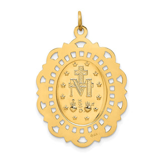 14k Yellow Gold Solid Fancy Pierced Oval Miraculous Medal Pendant - 33.5 x 23.5mm, Polished & Satin