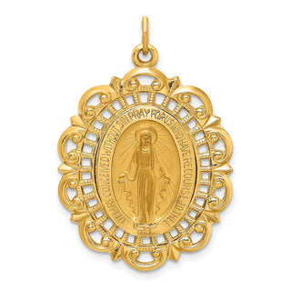 14k Yellow Gold Solid Fancy Pierced Oval Miraculous Medal Pendant - 33.5 x 23.5mm, Polished & Satin