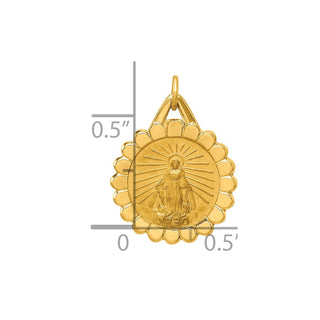 14K Yellow Gold Solid Polished/Satin Small Round Scalloped Miraculous Medal Pendant