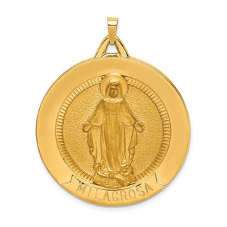 14k Yellow Gold Solid Large Raised Round Milagrosa Medal Pendant - 42.5 x 34.5mm, Polished, Satin & Engravable