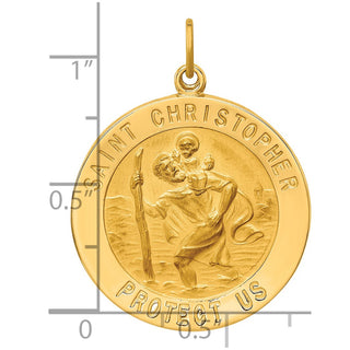 14k Yellow Gold Solid Large Round St. Christopher Medal Pendant - 31.7 x 24.5mm, Polished, Satin & Engravable