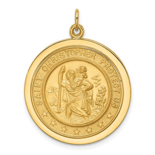 14K Yellow Gold Solid Polished/Satin Medium Round Disc St. Christopher Medal Pendant