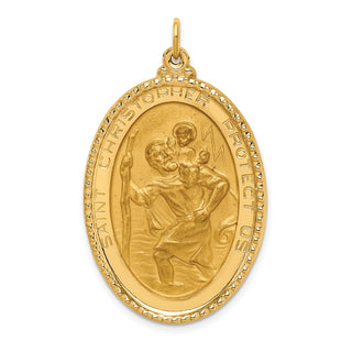 14k Yellow Gold Solid Beaded Edge St. Christopher Medal Pendant - 41.3 x 25mm, Polished, Satin & Engravable