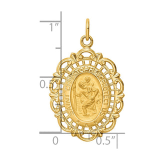14K Yellow Gold Solid Polished/Satin Medium Fancy Pierced Oval St. Christopher Medal Pendant