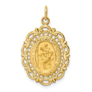 14k Yellow Gold Solid Medium Fancy Pierced Oval St. Christopher Medal Pendant - 28.75 x 17.6mm, Polished & Satin
