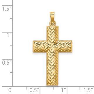 14K Yellow Gold Hollow Polished Basketweave Design Latin Cross Pendant