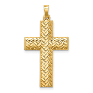14K Yellow Gold Hollow Polished Basketweave Design Latin Cross Pendant