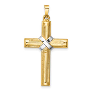 14K Yellow Gold Hollow Polished Rhodium Center X Cross Pendant