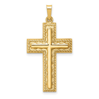14K Yellow Gold Hollow Polished Rope Edge Latin Cross Pendant