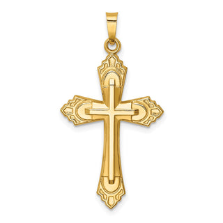 14K Yellow Gold Hollow Polished Fleur de Lis Cross Pendant