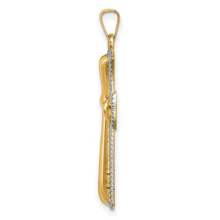 14k Yellow Gold Hollow Polished Rhodium-Plated Beaded Edge Flared Cross Pendant