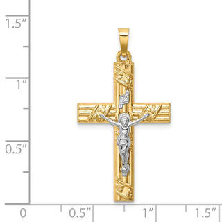 14k Two-tone Gold Hollow Polished Textured & Striped Latin Crucifix Pendant