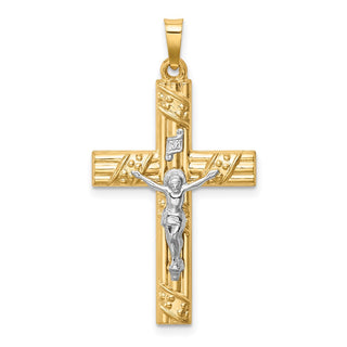 14k Two-tone Gold Hollow Polished Textured & Striped Latin Crucifix Pendant