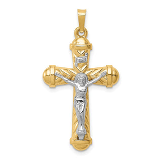 14k Two-tone Gold Hollow Polished Chevron Design Crucifix Pendant