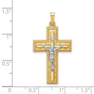 14k Two-tone Gold Hollow Polished Rope Edge Latin Crucifix Pendant