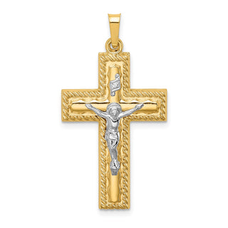 14k Two-tone Gold Hollow Polished Rope Edge Latin Crucifix Pendant